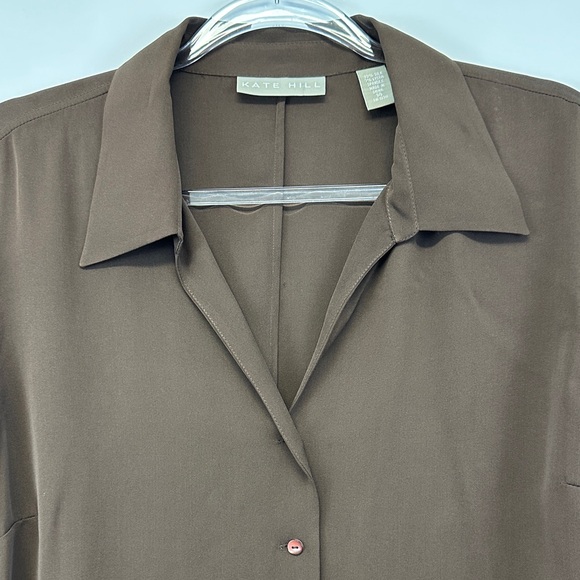 Vintage Kate Hill Silk Chocolate Brown Button Down Blouse 90s Career Top 14 - Picture 3 of 7